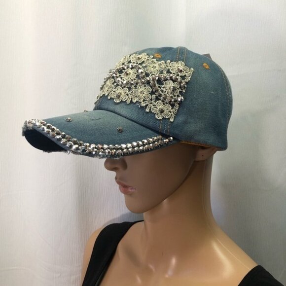 NWT Capelli New York denim rhinestone lace ball cap - Picture 3 of 12